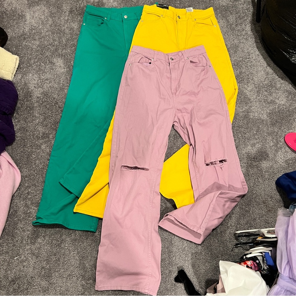 Vibrant Trio of Jeans in Pink, Yellow, and Green